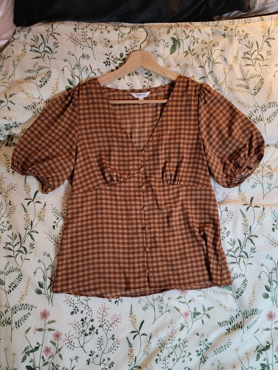 Reitmans Tops - Orange Gingham Button-Front Puff Sleeve Top